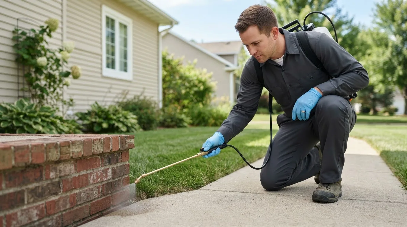 Pest control technician treating a home near Manteno, IL